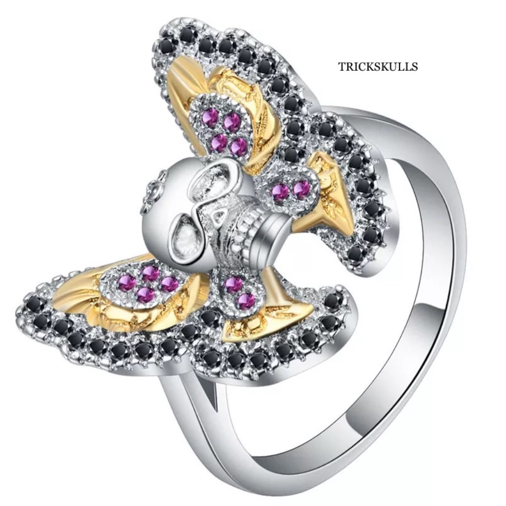 Butterfly Skull Multicolor Lab Gem Stone Pave Ring Glam Punk Size 6 7 8 9 New!